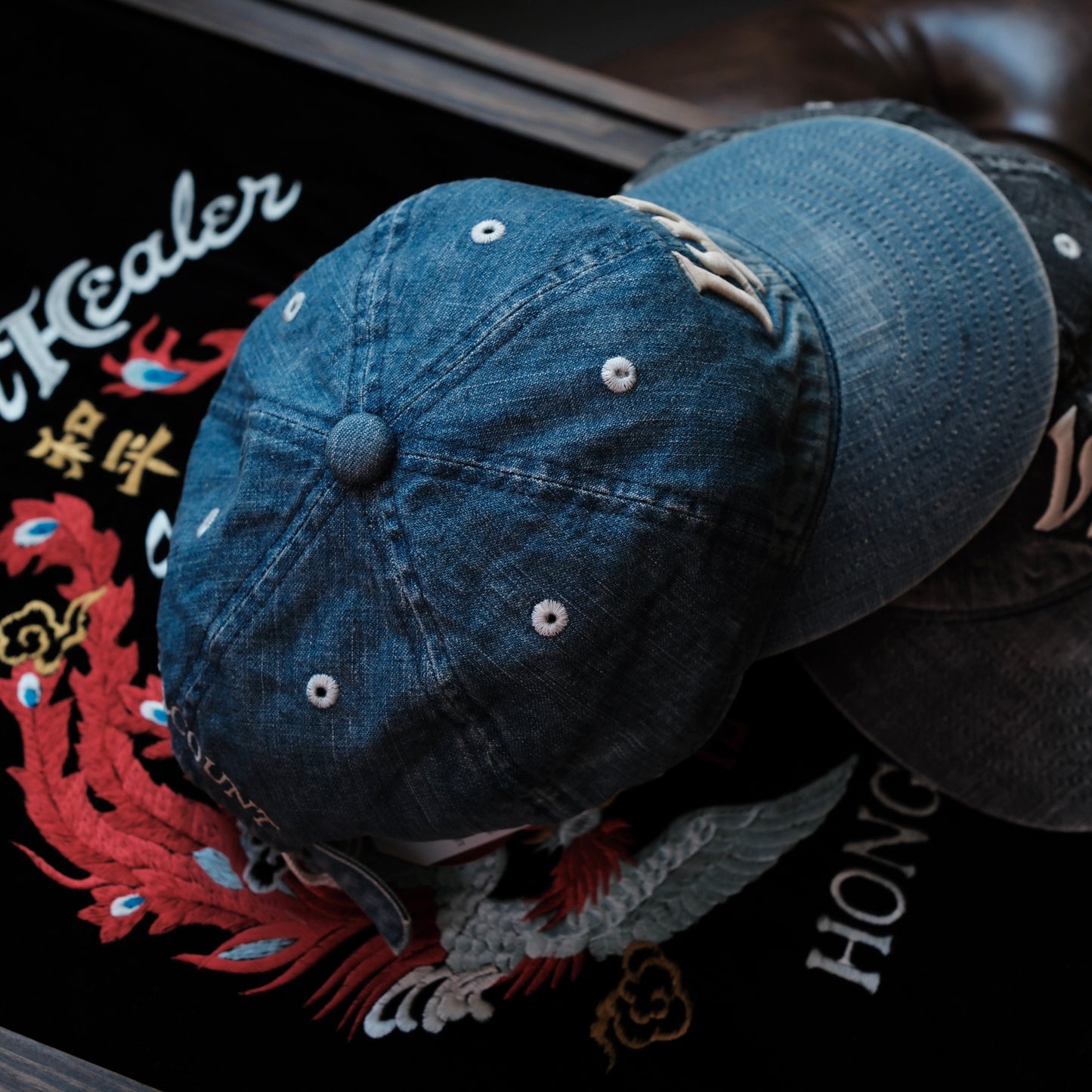 LEATHER HEALER x FULL COUNT 6 Panel Vintage Washed Denim Baseball Cap "LH" Patch (LH 10th Anniversary Limited Edition)