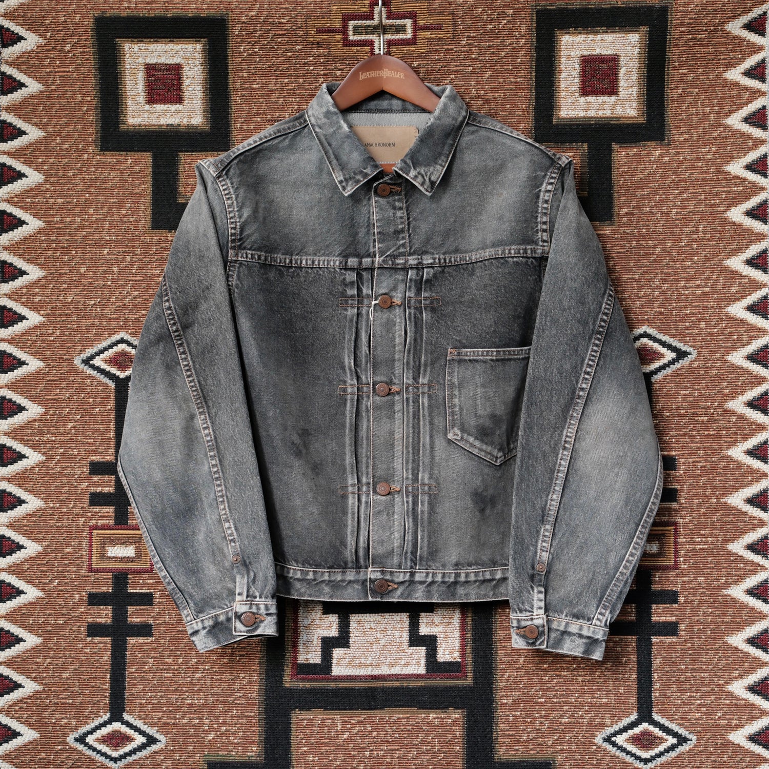 ANACHRONORM Front Tuck Washed Black Denim Jacket (Aging)